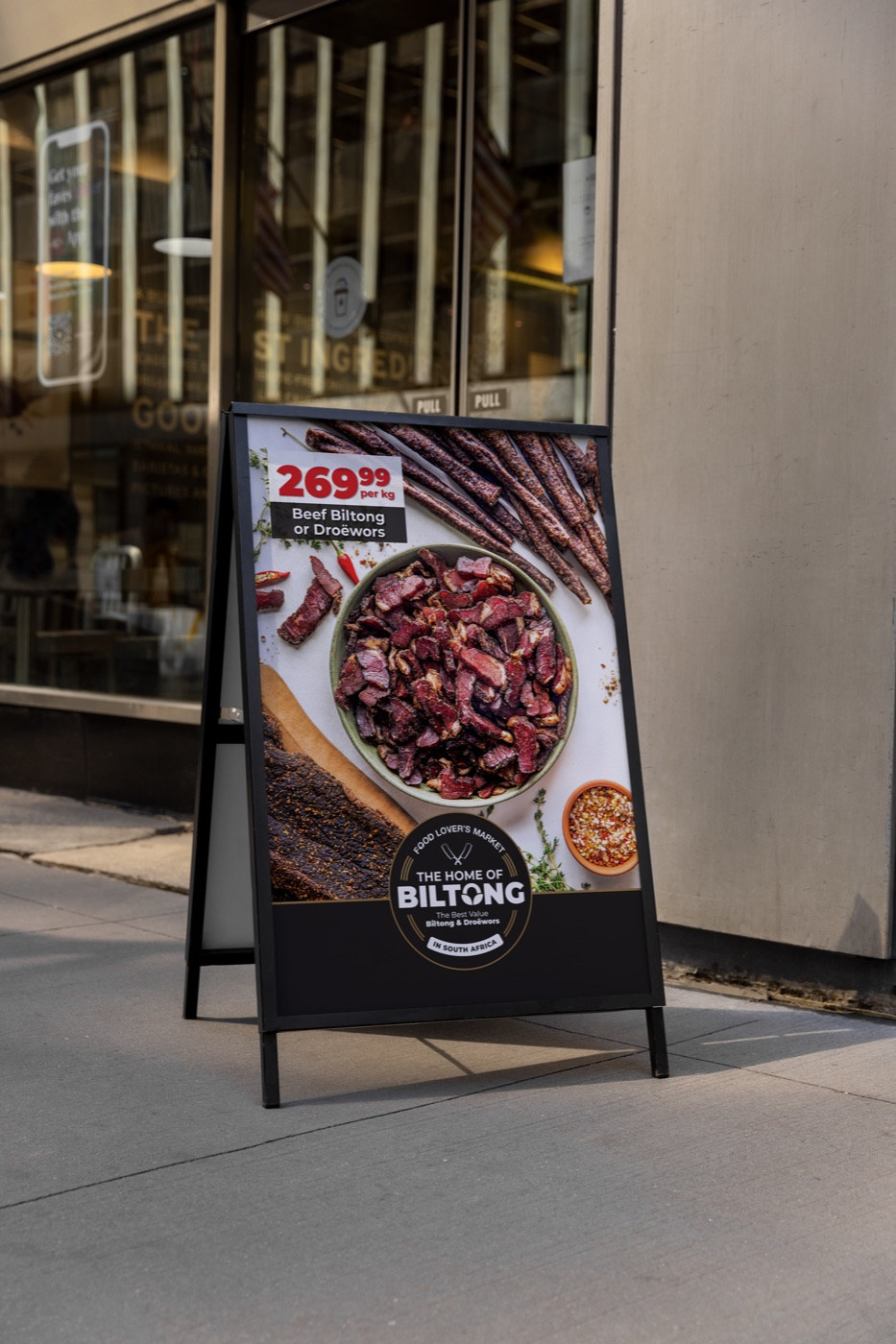 Home of Biltong A-board on the street