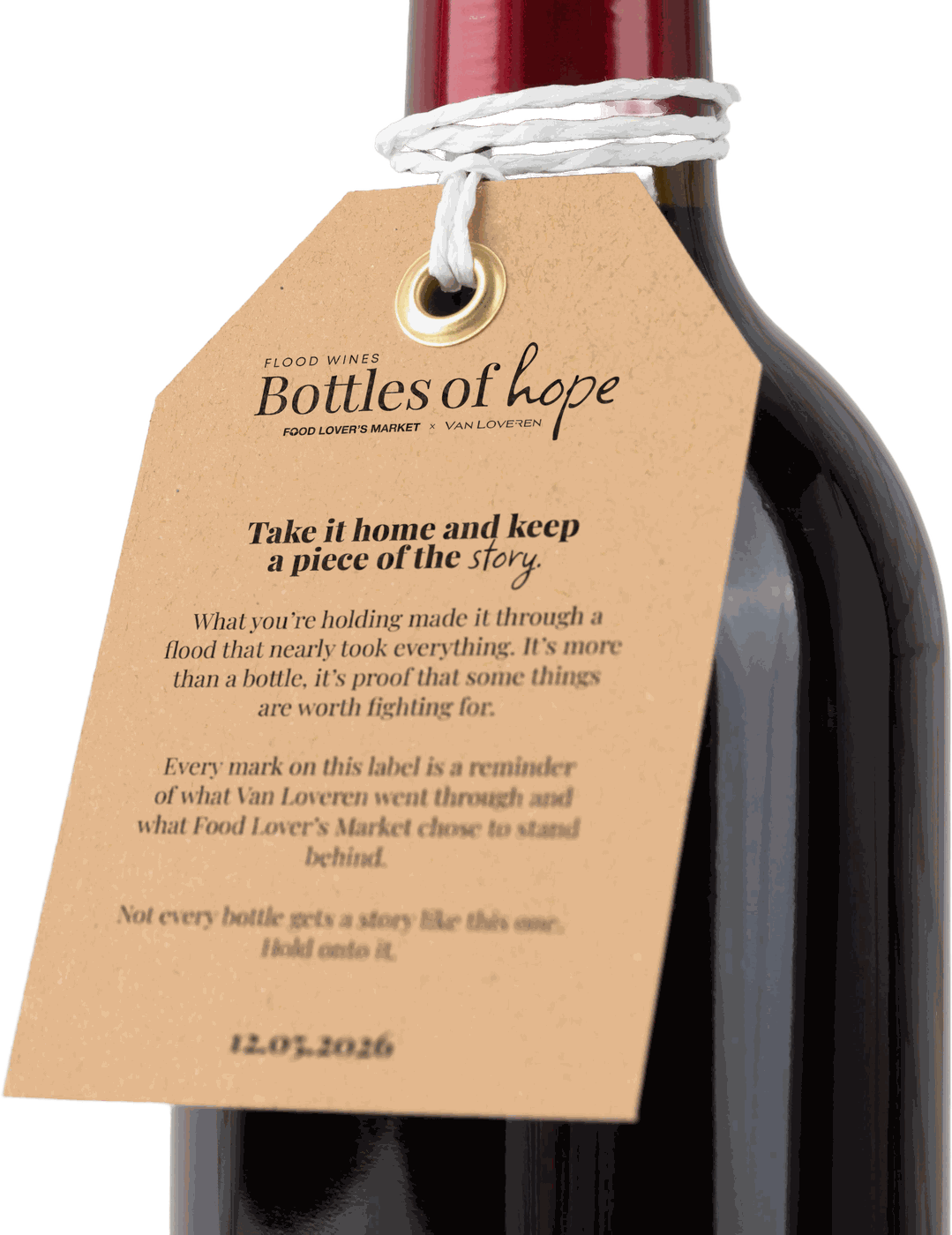 Bottles of Hope swing tag, take it home and keep a piece of the story