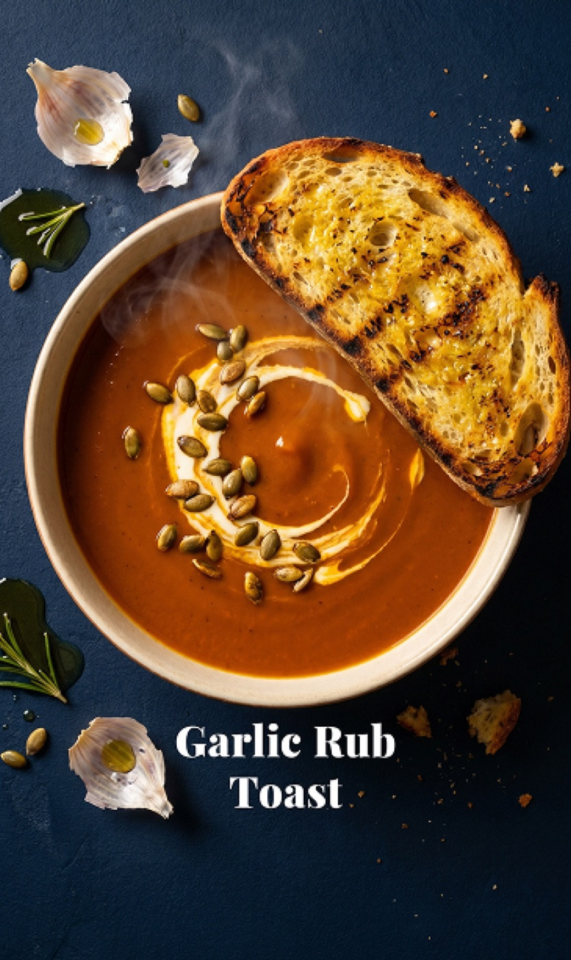 Garlic rub toast on butternut soup