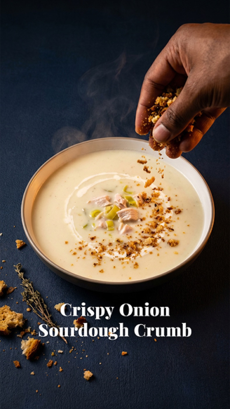 Crispy onion sourdough crumb on chicken soup